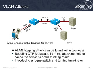 363636© 2009 Cisco Learning Institute.
VLAN Attacks
802.1Q
802.1Q
ServerAttacker sees traffic destined for servers
Server
Trunk
Trunk
VLAN
20
VLAN
10
A VLAN hopping attack can be launched in two ways:
• Spoofing DTP Messages from the attacking host to
cause the switch to enter trunking mode
• Introducing a rogue switch and turning trunking on
 