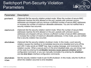 424242© 2009 Cisco Learning Institute.
Switchport Port-Security Violation
Parameters
Parameter Description
protect (Optional) Set the security violation protect mode. When the number of secure MAC
addresses reaches the limit allowed on the port, packets with unknown source
addresses are dropped until you remove a sufficient number of secure MAC addresses
or increase the number of maximum allowable addresses. You are not notified that a
security violation has occurred.
restrict (Optional) Set the security violation restrict mode. When the number of secure MAC
addresses reaches the limit allowed on the port, packets with unknown source
addresses are dropped until you remove a sufficient number of secure MAC addresses
or increase the number of maximum allowable addresses. In this mode, you are notified
that a security violation has occurred.
shutdown (Optional) Set the security violation shutdown mode. In this mode, a port security
violation causes the interface to immediately become error-disabled and turns off the
port LED. It also sends an SNMP trap, logs a syslog message, and increments the
violation counter. When a secure port is in the error-disabled state, you can bring it out
of this state by entering the errdisable recovery cause psecure-violation global
configuration command, or you can manually re-enable it by entering the shutdown
and no shut down interface configuration commands.
shutdown
vlan
Set the security violation mode to per-VLAN shutdown. In this mode, only the VLAN on
which the violation occurred is error-disabled.
 