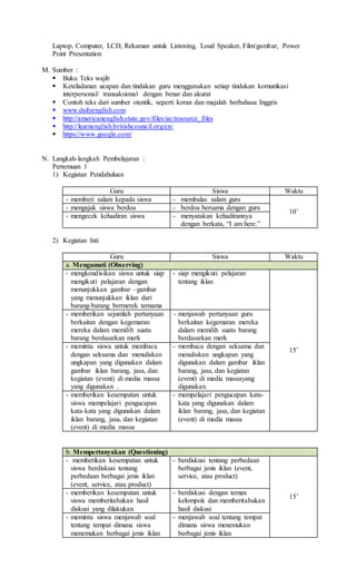 Laptop, Computer, LCD, Rekaman untuk Listening, Loud Speaker, Film/gambar, Power
Point Presentation
M. Sumber :
 Buku Teks wajib
 Keteladanan ucapan dan tindakan guru menggunakan setiap tindakan komunikasi
interpersonal/ transaksional dengan benar dan akurat
 Contoh teks dari sumber otentik, seperti koran dan majalah berbahasa Inggris
 www.dailyenglish.com
 http://americanenglish.state.gov/files/ae/resource_files
 http://learnenglish.britishcouncil.org/en/
 https://www.google.com/
N. Langkah-langkah Pembelajaran :
Pertemuan 1
1) Kegiatan Pendahuluan
Guru Siswa Waktu
- memberi salam kepada siswa - membalas salam guru
10’
- mengajak siswa berdoa - berdoa bersama dengan guru
- mengecek kehadiran siswa - menyatakan kehadirannya
dengan berkata, “I am here.”
2) Kegiatan Inti
Guru Siswa Waktu
a. Mengamati (Observing)
- mengkondisikan siswa untuk siap
mengikuti pelajaran dengan
menunjukkan gambar –gambar
yang menunjukkan iklan dari
barang-barang bermerek ternama
- siap mengikuti pelajaran
tentang iklan
15’
- memberikan sejumlah pertanyaan
berkaitan dengan kegemaran
mereka dalam memilih suatu
barang berdasarkan merk
- menjawab pertanyaan guru
berkaitan kegemaran mereka
dalam memilih suatu barang
berdasarkan merk
- meminta siswa untuk membaca
dengan seksama dan menuliskan
ungkapan yang digunakan dalam
gambar iklan barang, jasa, dan
kegiatan (event) di media massa
yang digunakan .
- membaca dengan seksama dan
menuliskan ungkapan yang
digunakan dalam gambar iklan
barang, jasa, dan kegiatan
(event) di media massayang
digunakan.
- memberikan kesempatan untuk
siswa mempelajari pengucapan
kata-kata yang digunakan dalam
iklan barang, jasa, dan kegiatan
(event) di media massa
- mempelajari pengucapan kata-
kata yang digunakan dalam
iklan barang, jasa, dan kegiatan
(event) di media massa
b. Mempertanyakan (Questioning)
- memberikan kesempatan untuk
siswa berdiskusi tentang
perbedaan berbagai jenis iklan
(event, service, atau product)
- berdiskusi tentang perbedaan
berbagai jenis iklan (event,
service, atau product)
15’
- memberikan kesempatan untuk
siswa memberitahukan hasil
diskusi yang dilakukan
- berdiskusi dengan teman
kelompok dan memberitahukan
hasil diskusi
- meminta siswa menjawab soal
tentang tempat dimana siswa
menemukan berbagai jenis iklan
- menjawab soal tentang tempat
dimana siswa menemukan
berbagai jenis iklan
 