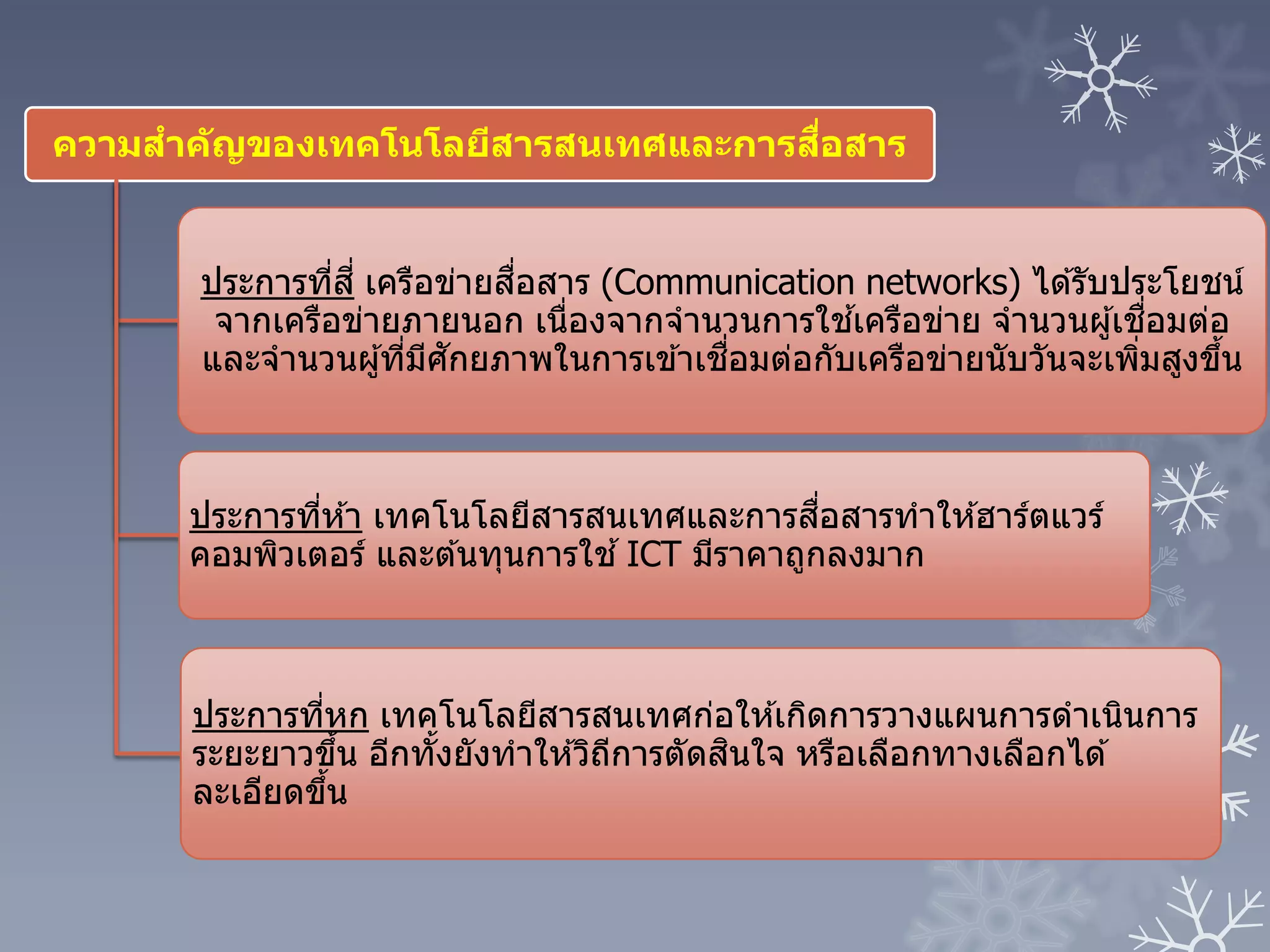 ความสาคัญของเทคโนโลยีสารสนเทศและการสื่อสาร
ประการที่สี่ เครือข่ายสื่อสาร (Communication networks) ได ้รับประโยชน์
จากเครือข่ายภายนอก เนื่องจากจานวนการใช ้เครือข่าย จานวนผู้เชื่อมต่อ
และจานวนผู้ที่มีศักยภาพในการเข ้าเชื่อมต่อกับเครือข่ายนับวันจะเพิ่มสูงขึ้น
ประการที่ห ้า เทคโนโลยีสารสนเทศและการสื่อสารทาให ้ฮาร์ตแวร์
คอมพิวเตอร์ และต ้นทุนการใช ้ICT มีราคาถูกลงมาก
ประการที่หก เทคโนโลยีสารสนเทศก่อให ้เกิดการวางแผนการดาเนินการ
ระยะยาวขึ้น อีกทั้งยังทาให ้วิถีการตัดสินใจ หรือเลือกทางเลือกได ้
ละเอียดขึ้น
 
