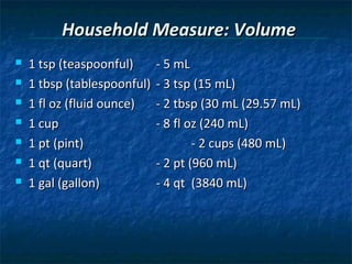 Household Measure: Volume
   1 tsp (teaspoonful)      - 5 mL
   1 tbsp (tablespoonful)   - 3 tsp (15 mL)
   1 fl oz (fluid ounce)    - 2 tbsp (30 mL (29.57 mL)
   1 cup                    - 8 fl oz (240 mL)
   1 pt (pint)                      - 2 cups (480 mL)
   1 qt (quart)             - 2 pt (960 mL)
   1 gal (gallon)           - 4 qt (3840 mL)
 