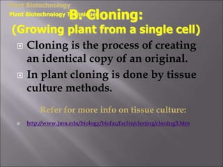  Cloning is the process of creating
an identical copy of an original.
 In plant cloning is done by tissue
culture methods.
Refer for more info on tissue culture:
 http://www.jmu.edu/biology/biofac/facfro/cloning/cloning3.htm
Plant Biotechnology
Plant Biotechnology Techniques
B. Cloning:
(Growing plant from a single cell)
 