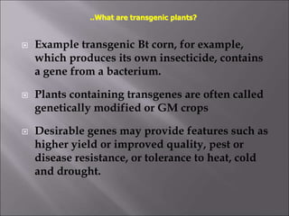  Example transgenic Bt corn, for example,
which produces its own insecticide, contains
a gene from a bacterium.
 Plants containing transgenes are often called
genetically modified or GM crops
 Desirable genes may provide features such as
higher yield or improved quality, pest or
disease resistance, or tolerance to heat, cold
and drought.
..What are transgenic plants?
 
