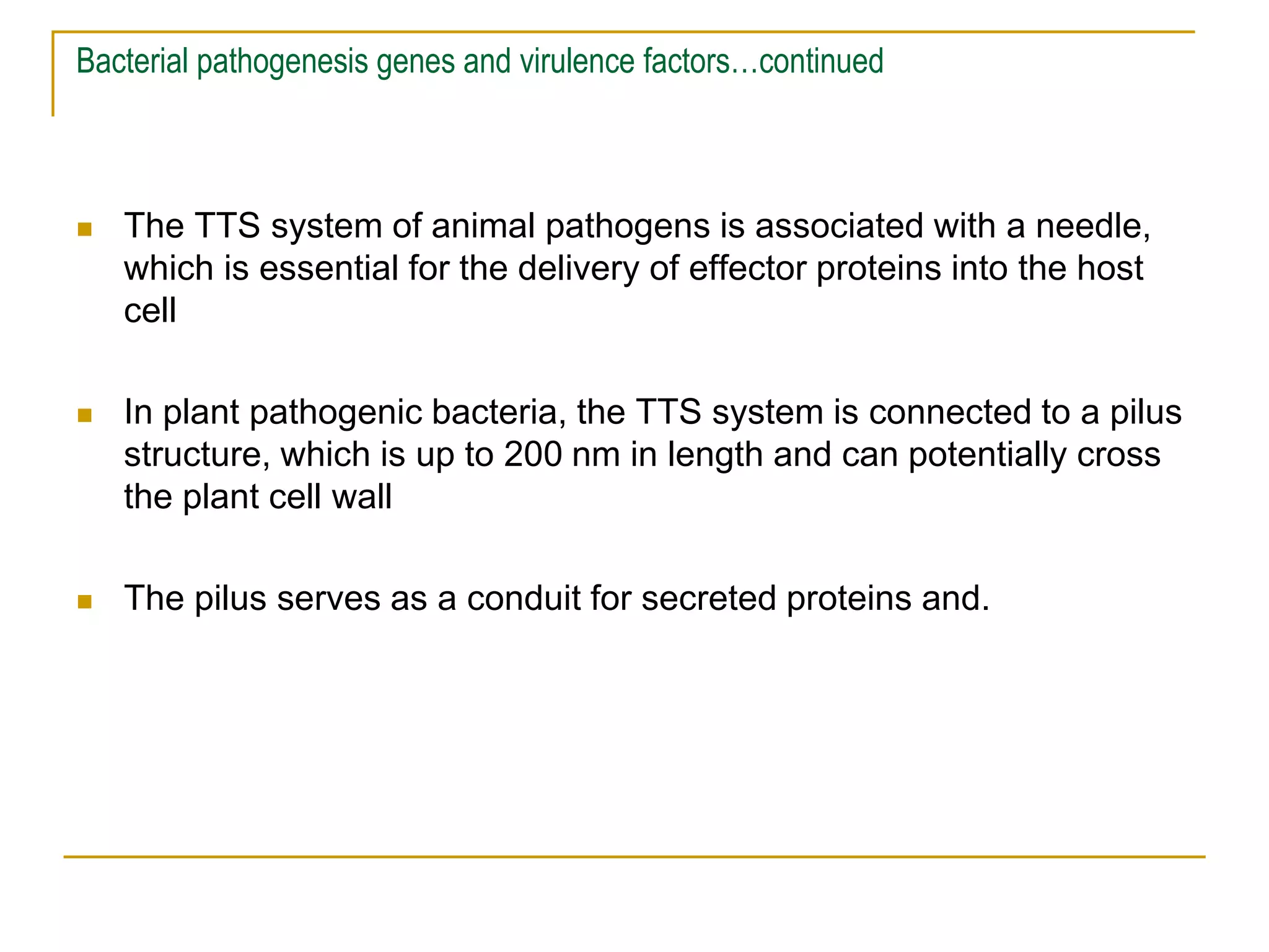 Bacterial pathogenesis genes and virulence factors…continued
 The TTS system of animal pathogens is associated with a needle,
which is essential for the delivery of effector proteins into the host
cell
 In plant pathogenic bacteria, the TTS system is connected to a pilus
structure, which is up to 200 nm in length and can potentially cross
the plant cell wall
 The pilus serves as a conduit for secreted proteins and.
 