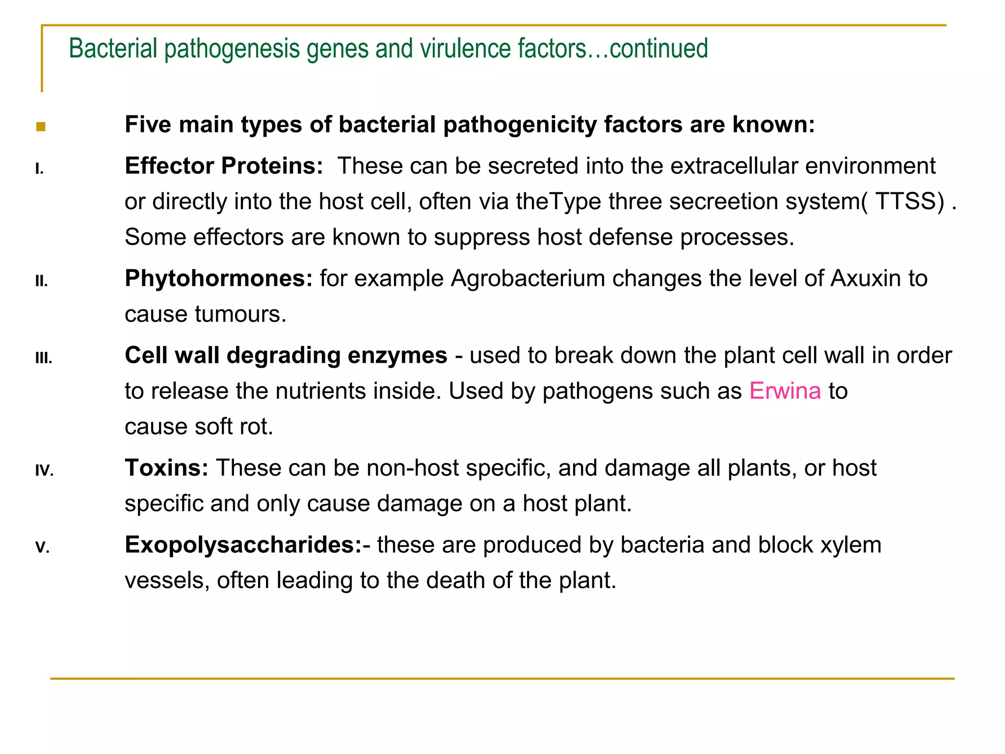 Bacterial pathogenesis genes and virulence factors…continued
 Five main types of bacterial pathogenicity factors are known:
I. Effector Proteins: These can be secreted into the extracellular environment
or directly into the host cell, often via theType three secreetion system( TTSS) .
Some effectors are known to suppress host defense processes.
II. Phytohormones: for example Agrobacterium changes the level of Axuxin to
cause tumours.
III. Cell wall degrading enzymes - used to break down the plant cell wall in order
to release the nutrients inside. Used by pathogens such as Erwina to
cause soft rot.
IV. Toxins: These can be non-host specific, and damage all plants, or host
specific and only cause damage on a host plant.
V. Exopolysaccharides:- these are produced by bacteria and block xylem
vessels, often leading to the death of the plant.
 