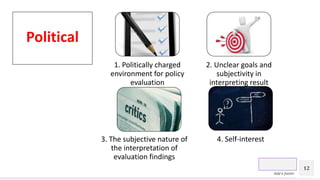 Contoso Ltd.
Add a footer
12
Political
1. Politically charged
environment for policy
evaluation
2. Unclear goals and
subjectivity in
interpreting result
3. The subjective nature of
the interpretation of
evaluation findings
4. Self-interest
 
