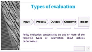 Contoso Ltd.
Types of evaluation
Add a footer
5
Input Process Output Outcome Impact
Policy evaluation concentrates on one or more of the
following types of information about policies
performance:
 