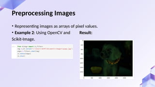 • Representing images as arrays of pixel values.
• Example 2: Using OpenCV and Result:
Scikit-Image.
Preprocessing Images
 