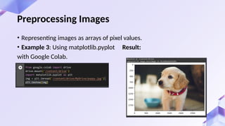 • Representing images as arrays of pixel values.
• Example 3: Using matplotlib.pyplot Result:
with Google Colab.
Preprocessing Images
 