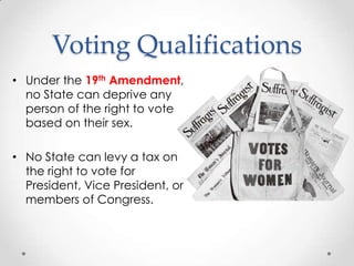 Voting Qualifications
• Under the 19th Amendment,
no State can deprive any
person of the right to vote
based on their sex.
• No State can levy a tax on
the right to vote for
President, Vice President, or
members of Congress.
 