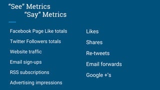 “See” Metrics
“Say” Metrics
Facebook Page Like totals
Twitter Followers totals
Website traffic
Email sign-ups
RSS subscriptions
Advertising impressions
Likes
Shares
Re-tweets
Email forwards
Google +’s
 