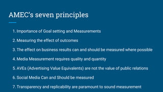 AMEC’s seven principles
1. Importance of Goal setting and Measurements
2. Measuring the effect of outcomes
3. The effect on business results can and should be measured where possible
4. Media Measurement requires quality and quantity
5. AVEs (Advertising Value Equivalents) are not the value of public relations
6. Social Media Can and Should be measured
7. Transparency and replicability are paramount to sound measurement
 