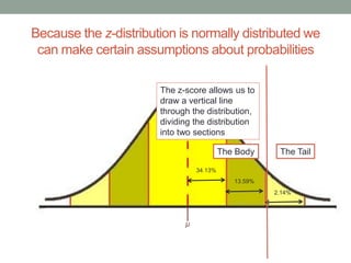μ
34.13%
13.59%
2.14%
Because the z-distribution is normally distributed we
can make certain assumptions about probabilities
The z-score allows us to
draw a vertical line
through the distribution,
dividing the distribution
into two sections
The Body The Tail
 