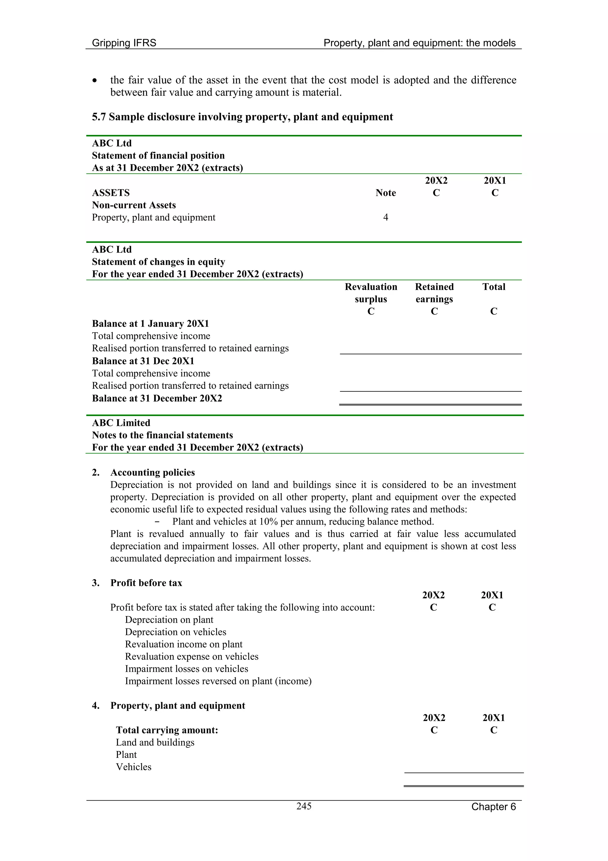 Gripping IFRS                                              Property, plant and equipment: the models


•    the fair value of the asset in the event that the cost model is adopted and the difference
     between fair value and carrying amount is material.

5.7 Sample disclosure involving property, plant and equipment

ABC Ltd
Statement of financial position
As at 31 December 20X2 (extracts)
                                                                                     20X2       20X1
ASSETS                                                                      Note      C          C
Non-current Assets
Property, plant and equipment                                                4


ABC Ltd
Statement of changes in equity
For the year ended 31 December 20X2 (extracts)
                                                                 Revaluation       Retained     Total
                                                                   surplus         earnings
                                                                      C               C          C
Balance at 1 January 20X1
Total comprehensive income
Realised portion transferred to retained earnings
Balance at 31 Dec 20X1
Total comprehensive income
Realised portion transferred to retained earnings
Balance at 31 December 20X2

ABC Limited
Notes to the financial statements
For the year ended 31 December 20X2 (extracts)

2.   Accounting policies
     Depreciation is not provided on land and buildings since it is considered to be an investment
     property. Depreciation is provided on all other property, plant and equipment over the expected
     economic useful life to expected residual values using the following rates and methods:
                - Plant and vehicles at 10% per annum, reducing balance method.
     Plant is revalued annually to fair values and is thus carried at fair value less accumulated
     depreciation and impairment losses. All other property, plant and equipment is shown at cost less
     accumulated depreciation and impairment losses.

3.   Profit before tax
                                                                                    20X2       20X1
     Profit before tax is stated after taking the following into account:            C          C
        Depreciation on plant
        Depreciation on vehicles
        Revaluation income on plant
        Revaluation expense on vehicles
        Impairment losses on vehicles
        Impairment losses reversed on plant (income)

4.   Property, plant and equipment
                                                                                    20X2        20X1
      Total carrying amount:                                                         C           C
      Land and buildings
      Plant
      Vehicles


                                                    245                                       Chapter 6
 