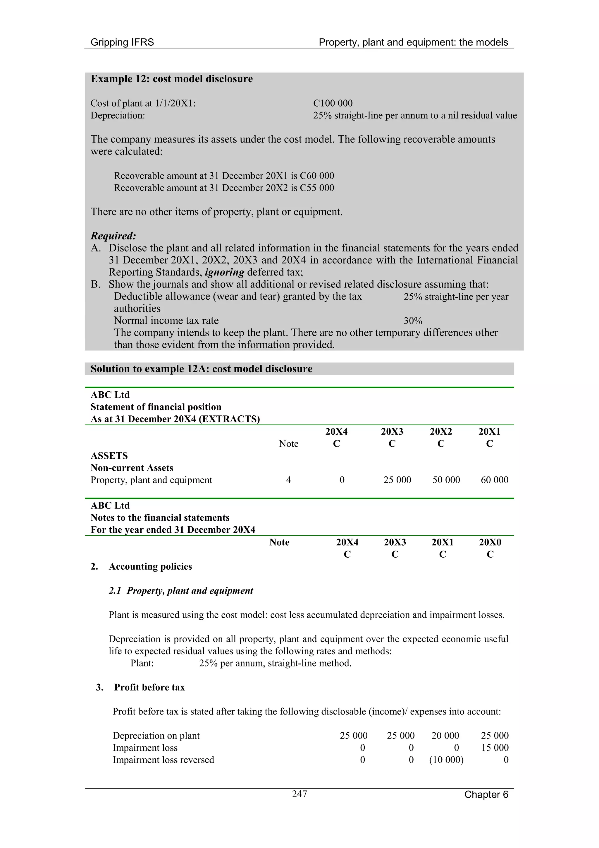 Gripping IFRS                                                Property, plant and equipment: the models


Example 12: cost model disclosure

Cost of plant at 1/1/20X1:                                  C100 000
Depreciation:                                               25% straight-line per annum to a nil residual value

The company measures its assets under the cost model. The following recoverable amounts
were calculated:

       Recoverable amount at 31 December 20X1 is C60 000
       Recoverable amount at 31 December 20X2 is C55 000

There are no other items of property, plant or equipment.

Required:
A. Disclose the plant and all related information in the financial statements for the years ended
   31 December 20X1, 20X2, 20X3 and 20X4 in accordance with the International Financial
   Reporting Standards, ignoring deferred tax;
B. Show the journals and show all additional or revised related disclosure assuming that:
    Deductible allowance (wear and tear) granted by the tax             25% straight-line per year
    authorities
    Normal income tax rate                                              30%
    The company intends to keep the plant. There are no other temporary differences other
    than those evident from the information provided.

Solution to example 12A: cost model disclosure

ABC Ltd
Statement of financial position
As at 31 December 20X4 (EXTRACTS)
                                                               20X4         20X3         20X2         20X1
                                                Note            C            C            C            C
ASSETS
Non-current Assets
Property, plant and equipment                     4               0          25 000      50 000        60 000

ABC Ltd
Notes to the financial statements
For the year ended 31 December 20X4
                                             Note                20X4        20X3        20X1         20X0
                                                                  C           C           C             C
2.    Accounting policies

      2.1 Property, plant and equipment

      Plant is measured using the cost model: cost less accumulated depreciation and impairment losses.

      Depreciation is provided on all property, plant and equipment over the expected economic useful
      life to expected residual values using the following rates and methods:
             Plant:          25% per annum, straight-line method.

 3.    Profit before tax

      Profit before tax is stated after taking the following disclosable (income)/ expenses into account:

      Depreciation on plant                                       25 000      25 000      20 000       25 000
      Impairment loss                                                 0            0           0       15 000
      Impairment loss reversed                                        0            0     (10 000)           0


                                                      247                                           Chapter 6
 