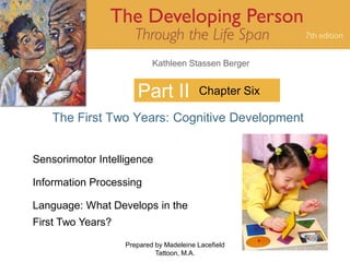 Kathleen Stassen Berger


                      Part II            Chapter Six

    The First Two Years: Cognitive Development


Sensorimotor Intelligence

Information Processing

Language: What Develops in the
First Two Years?

                   Prepared by Madeleine Lacefield     1
                            Tattoon, M.A.
 
