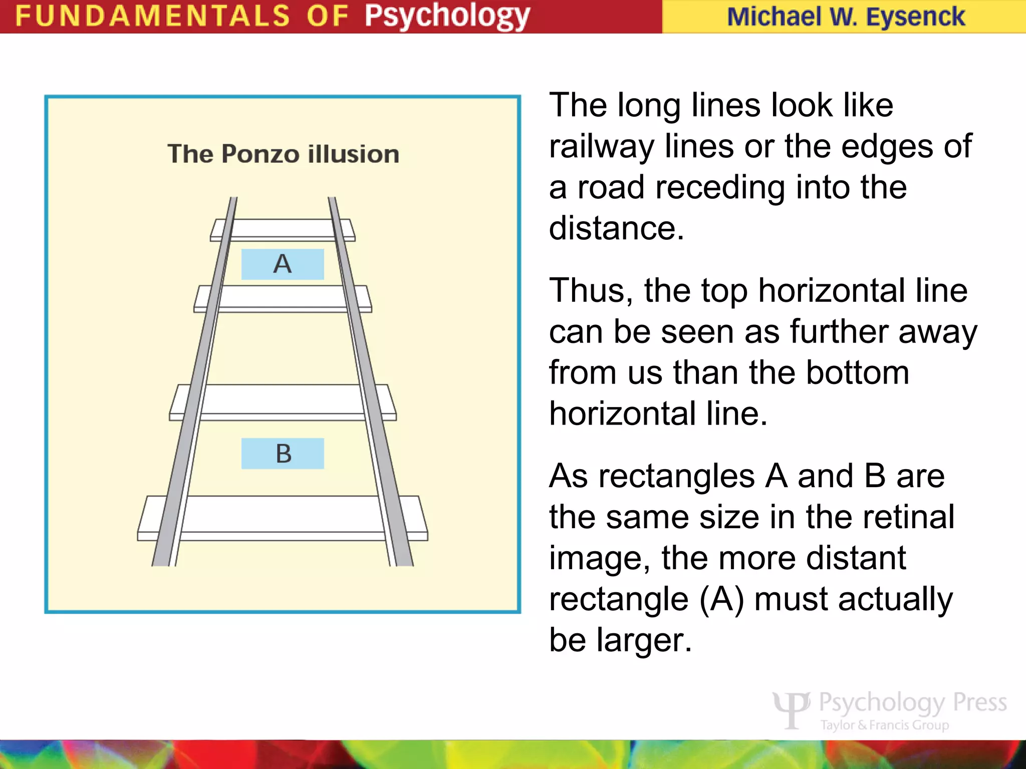The long lines look like
    railway lines or the edges of
    a road receding into the
    distance.
    Thus, the top horizontal line
    can be seen as further away
A   from us than the bottom
    horizontal line.
B   As rectangles A and B are
    the same size in the retinal
    image, the more distant
    rectangle (A) must actually
    be larger.
 
