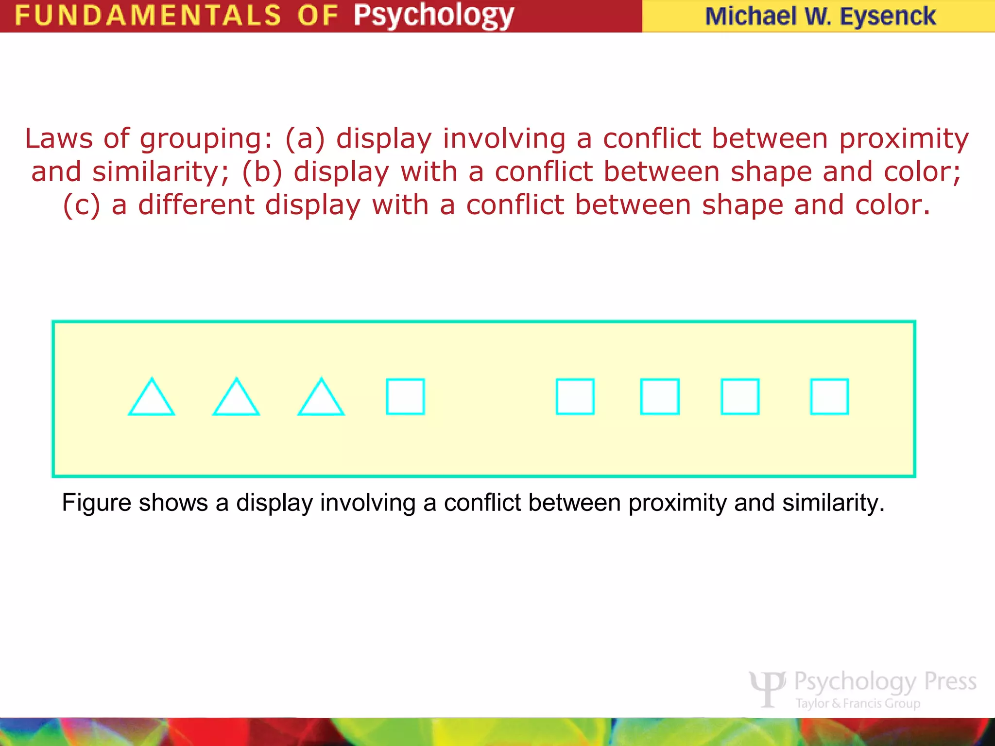 Laws of grouping: (a) display involving a conflict between proximity
and similarity; (b) display with a conflict between shape and color;
  (c) a different display with a conflict between shape and color.




  Figure shows a display involving a conflict between proximity and similarity.
 