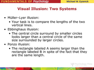 Visual Illusion: Two Systems

• Müller–Lyer illusion:
   • Your task is to compare the lengths of the two
     vertical lines.
• Ebbinghaus illusion:
   • The central circle surround by smaller circles
     looks larger than a central circle of the same
     size surrounded by larger circles.
• Ponzo illusion:
   • The rectangle labeled A seems larger than the
     rectangle labeled B in spite of the fact that they
     are the same length.
 