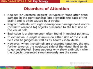 Disorders of Attention
• Neglect (or unilateral neglect) is typically found after brain
  damage in the right parietal lobe (towards the back of the
  brain) and is often caused by a stroke.
• Neglect patients with right-hemisphere damage don’t notice
  (or fail to respond to) objects presented to the left side of
  the visual field.
• Extinction is a phenomenon often found in neglect patients.
• In extinction, a single stimulus on either side of the visual
  field can be judged as well as by healthy individuals.
• However, when two stimuli are presented together, the one
  further towards the neglected side of the visual field tends
  to go undetected. Some patients only show extinction when
  the objects presented simultaneously are the same.
 
