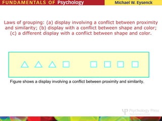 Laws of grouping: (a) display involving a conflict between proximity
and similarity; (b) display with a conflict between shape and color;
  (c) a different display with a conflict between shape and color.




  Figure shows a display involving a conflict between proximity and similarity.
 