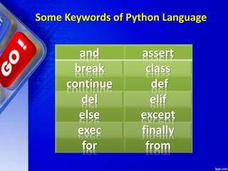 Some Keywords of Python Language
and assert
break class
continue def
del elif
else except
exec finally
for from
 