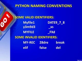 SOME VALID IDENTIFIERS:
Myfile1 DATE9_7_8
y3m9d3 _xs
MYFILE _FXd
SOME INVALID IDENTIFIERS:
MY-REC 28dre break
elif false del
PYTHON NAMING CONVENTIONS
 