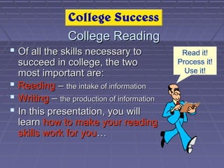 College ReadingCollege Reading
 Of all the skills necessary toOf all the skills necessary to
succeed in college, the twosucceed in college, the two
most important are:most important are:
 ReadingReading –– the intake of informationthe intake of information
 WritingWriting –– the production of informationthe production of information
 In this presentation, you willIn this presentation, you will
learnlearn how to make your readinghow to make your reading
skills work for youskills work for you……
Read it!
Process it!
Use it!
 