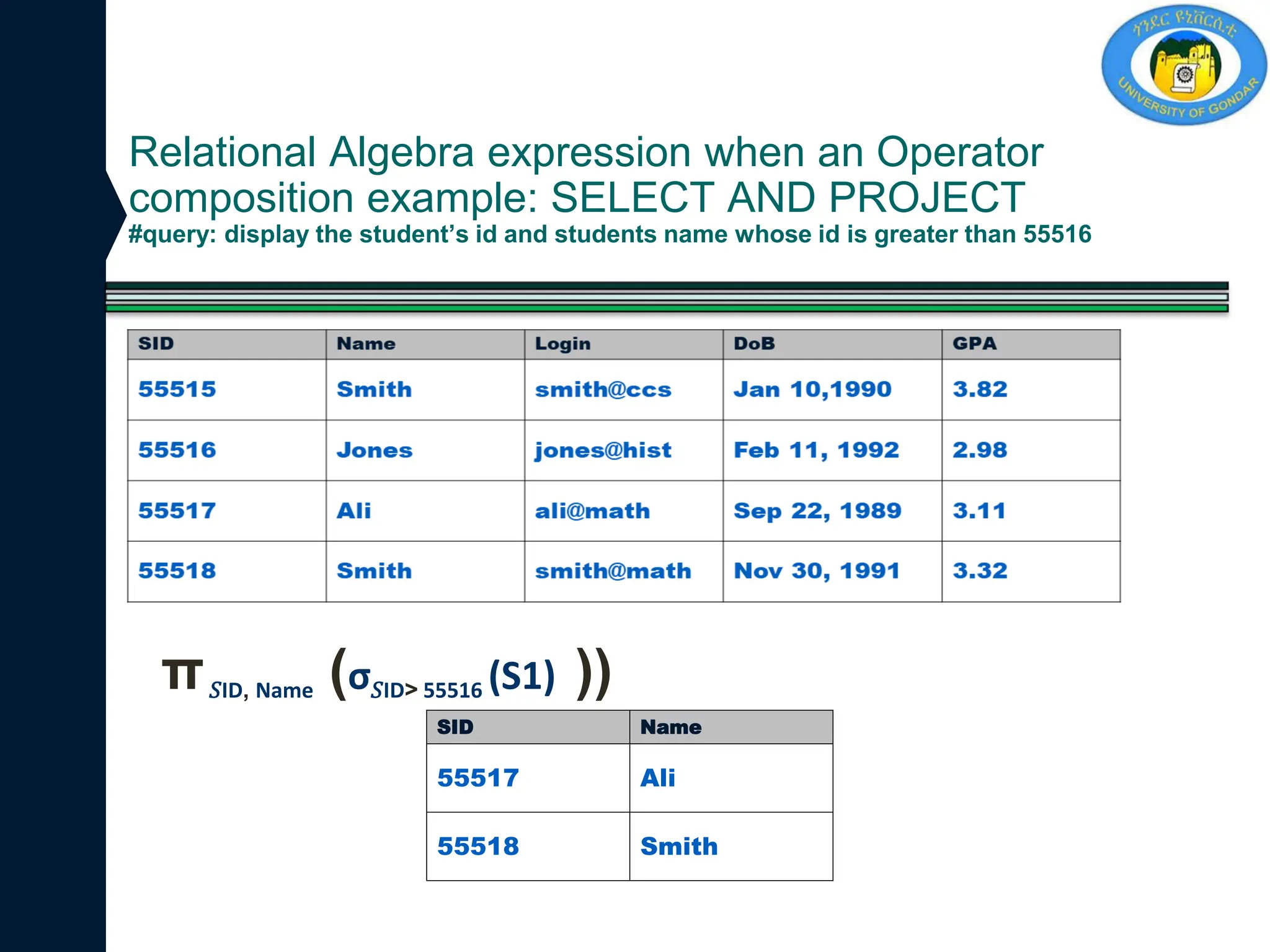 Relational Algebra expression when an Operator
composition example: SELECT AND PROJECT
#query: display the student’s id and students name whose id is greater than 55516
π𝑆ID, Name (σ𝑆ID> 55516 (S1) ))
SID Name
55517 Ali
55518 Smith
 