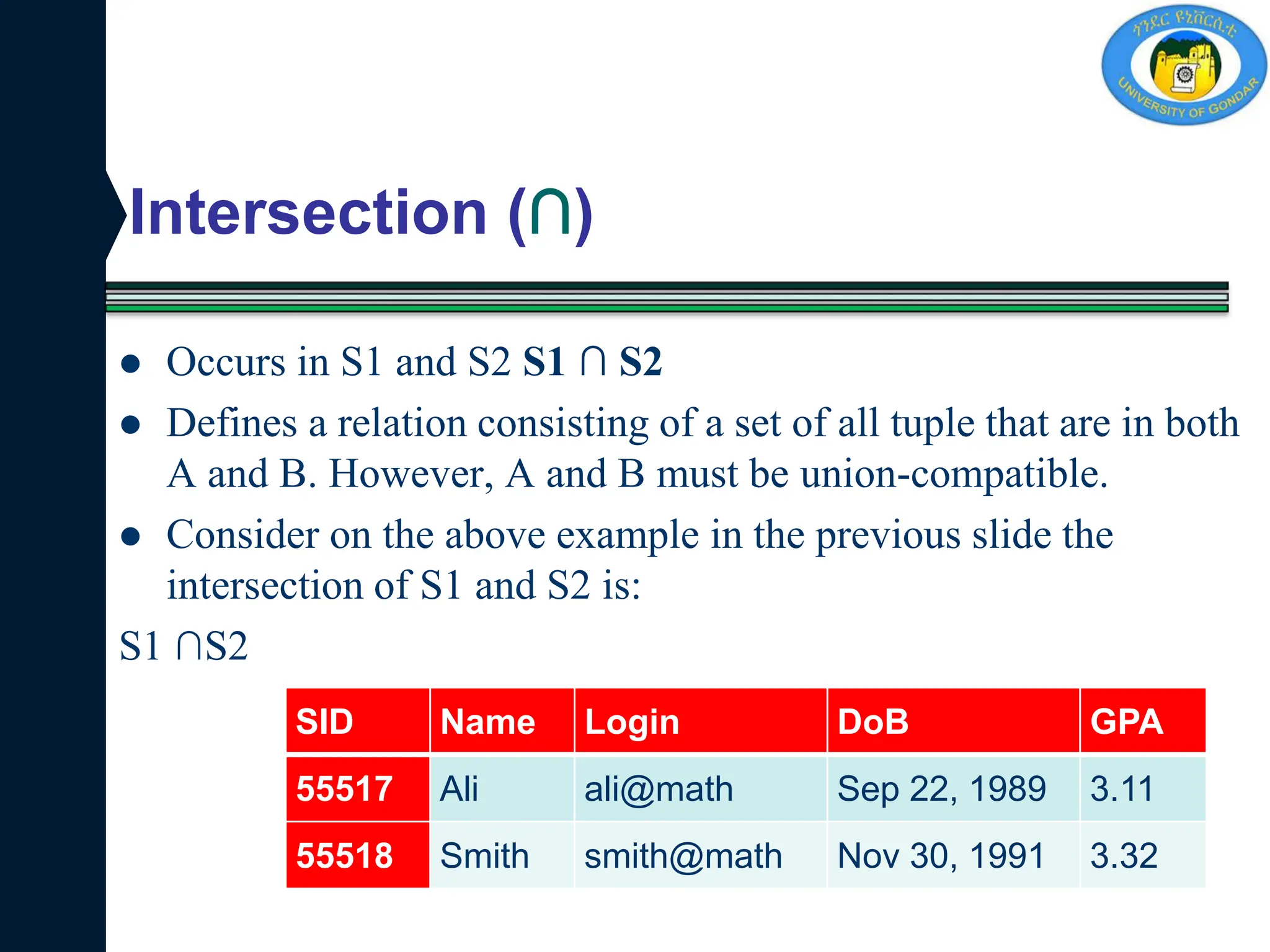 Intersection (∩)
 Occurs in S1 and S2 S1 ∩ S2
 Defines a relation consisting of a set of all tuple that are in both
A and B. However, A and B must be union-compatible.
 Consider on the above example in the previous slide the
intersection of S1 and S2 is:
S1 ∩S2
SID Name Login DoB GPA
55517 Ali ali@math Sep 22, 1989 3.11
55518 Smith smith@math Nov 30, 1991 3.32
 