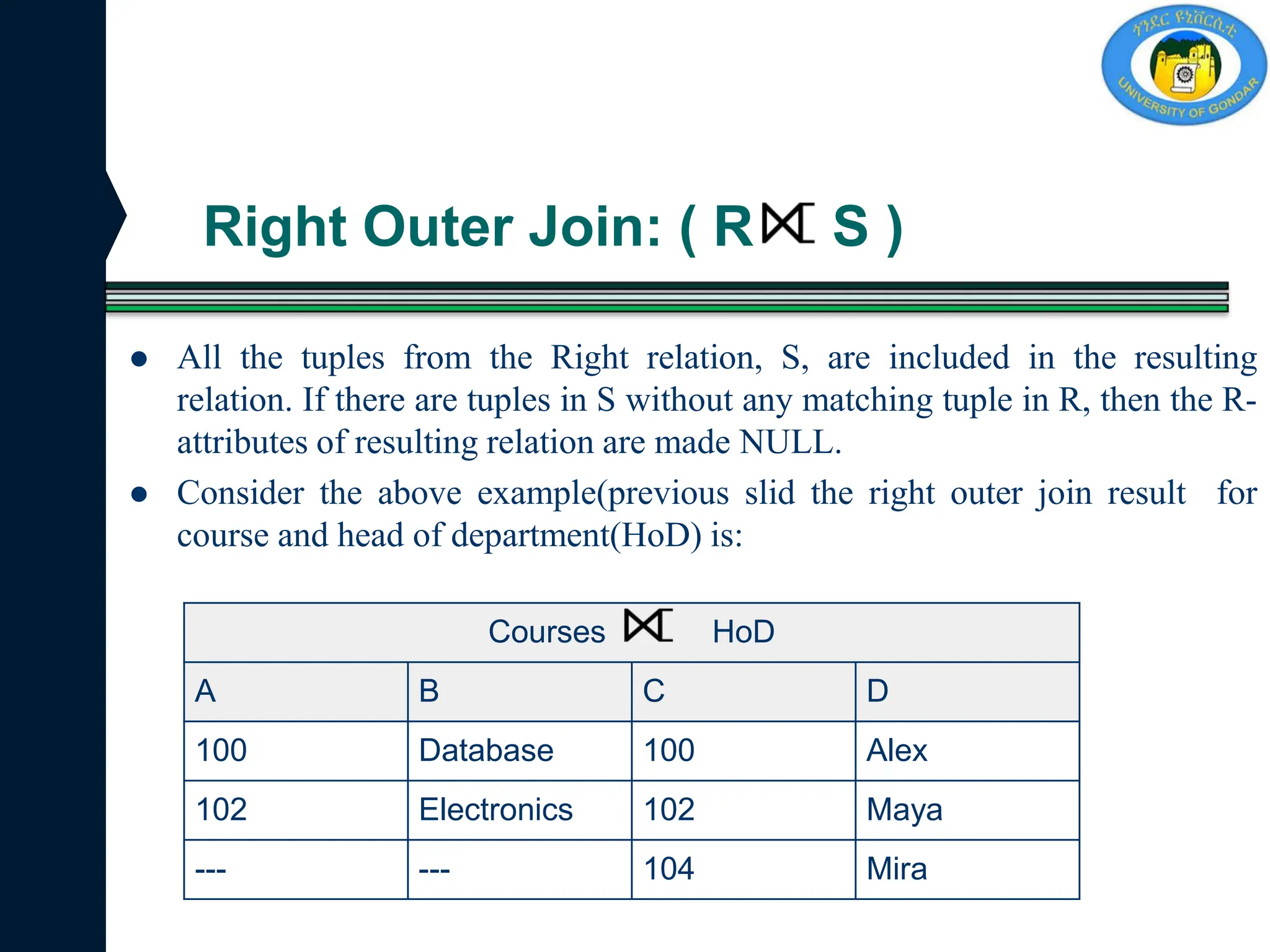 Right Outer Join: ( R S )
 All the tuples from the Right relation, S, are included in the resulting
relation. If there are tuples in S without any matching tuple in R, then the R-
attributes of resulting relation are made NULL.
 Consider the above example(previous slid the right outer join result for
course and head of department(HoD) is:
Courses HoD
A B C D
100 Database 100 Alex
102 Electronics 102 Maya
--- --- 104 Mira
 