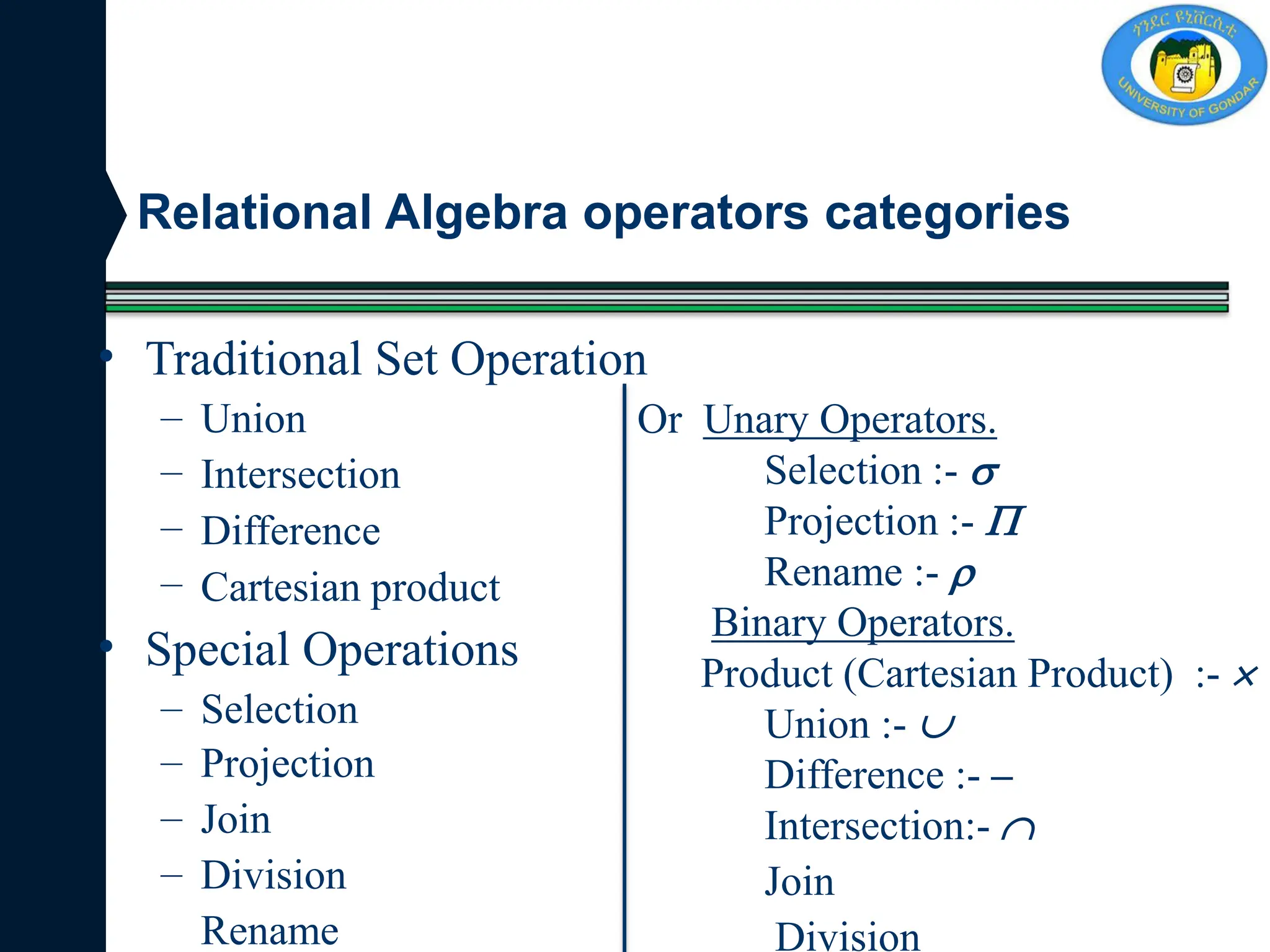 • Traditional Set Operation
–
–
–
–
Union
Intersection
Difference
Cartesian product
• Special Operations
–
–
–
–
Selection
Projection
Join
Division
Rename
Or Unary Operators.
Selection :- 
Projection :- 
Rename :- 
Binary Operators.
Product (Cartesian Product) :- 
Union :- 
Difference :- –
Intersection:- 
Join
Division
Relational Algebra operators categories
 