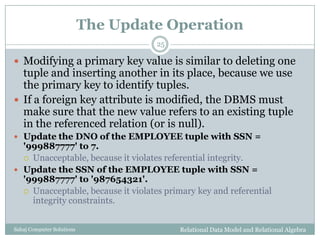 The Update Operation
Relational Data Model and Relational AlgebraSahaj Computer Solutions
25
 Modifying a primary key value is similar to deleting one
tuple and inserting another in its place, because we use
the primary key to identify tuples.
 If a foreign key attribute is modified, the DBMS must
make sure that the new value refers to an existing tuple
in the referenced relation (or is null).
 Update the DNO of the EMPLOYEE tuple with SSN =
'999887777' to 7.
 Unacceptable, because it violates referential integrity.
 Update the SSN of the EMPLOYEE tuple with SSN =
'999887777' to '987654321'.
 Unacceptable, because it violates primary key and referential
integrity constraints.
 
