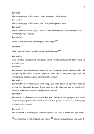 34
• Teorema 6-1
Jika sebuah segitiga adalah samakaki, maka sudut dasar (alas) kongruen
• Teorema 6-2
Jika sebuah segitiga adalah samasisi, maka ketiga sudutnya sama besar
• Teorema 6-3
Jika dua sudut dari sebuah segitiga kongruen, maka sisi- sisi yang berhadapan dengan sudut-
sudut tersebut juga kongruen
• Teorema 6-4
Jumlah ukuran besar sudut sebuah segitiga sama dengan
• Teorema 6-5
Sudut- sudut dari segitiga samasisi masing- masing besarnya
• Teorema 6-6
Besar sudut luar segitiga adalah sama dengan jumlah besar (ukuran) duasudut dalam remote dari
segitiga tersebut
• Teorema 6-7
Teorema AAS. Jika dua sudut dan sebuah sisi yang berhadapan dengan salah satu sudut pada
segitiga yang satu adalah kongruen dengan dua sudut dan sisi yang berkorespondensi pada
segitiga kedua, maka dua segitiga tersebut adalah kongruen.
• Teorema 6-8
Teorema HA (sisi hypotenusa dan sudut lancip). Jika sudut lancip dan hipotenusa pada satu
segitiga siku- siku adalah kongruen dengan sudut lancip dan hipotenusa pada segitiga siku-siku
yang lain, maka segitiga- segitiga tersebut adalah kongruen
• Teorema 6-9
Teorema HL.Jika hipotenusa dan sebuah kaki (sisi) pada salah satu segitiga siku-sikuadalah
kongruendenganhypotenusadan sebuah kaki(sisi) darisegitiga siku-sikukedua, makasegitiga-
segitiga tersebut kongruen
• Teorema 6-10
Jika sebuah titik P adalah berjarak sama dari sepasang titik A dan B, maka P pada garis sumbu
. Kebalikannya, Sebuah titik pada garis sumbu adalah berjarak sama dari titik A dan B.
 