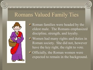 Romans Valued Family Ties
Roman families were headed by the
eldest male. The Romans emphasized
discipline, strength, and loyalty.
Women had many rights and duties in
Roman society. She did not, however
have the key right, the right to vote.
Officially, the Roman women were
expected to remain in the background.
 