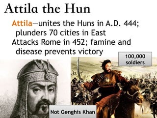 Attila the Hun
Attila—unites the Huns in A.D. 444;
plunders 70 cities in East
Attacks Rome in 452; famine and
disease prevents victory
Not Genghis Khan
100,000
soldiers
 