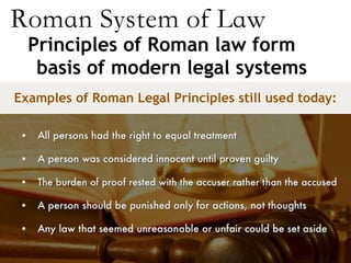 Roman System of Law
Principles of Roman law form
basis of modern legal systems
Examples of Roman Legal Principles still used today:
 