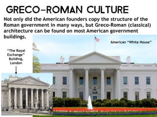 Greco-Roman Culture
Not only did the American founders copy the structure of the
Roman government in many ways, but Greco-Roman (classical)
architecture can be found on most American government
buildings.
American “White House”
“The Royal
Exchange”
Building,
London
 