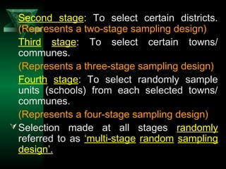 26
Second stage: To select certain districts.
(Represents a two-stage sampling design)
Third stage: To select certain towns/
communes.
(Represents a three-stage sampling design)
Fourth stage: To select randomly sample
units (schools) from each selected towns/
communes.
(Represents a four-stage sampling design)
Selection made at all stages randomly
referred to as ‘multi-stage random sampling
design’.
 