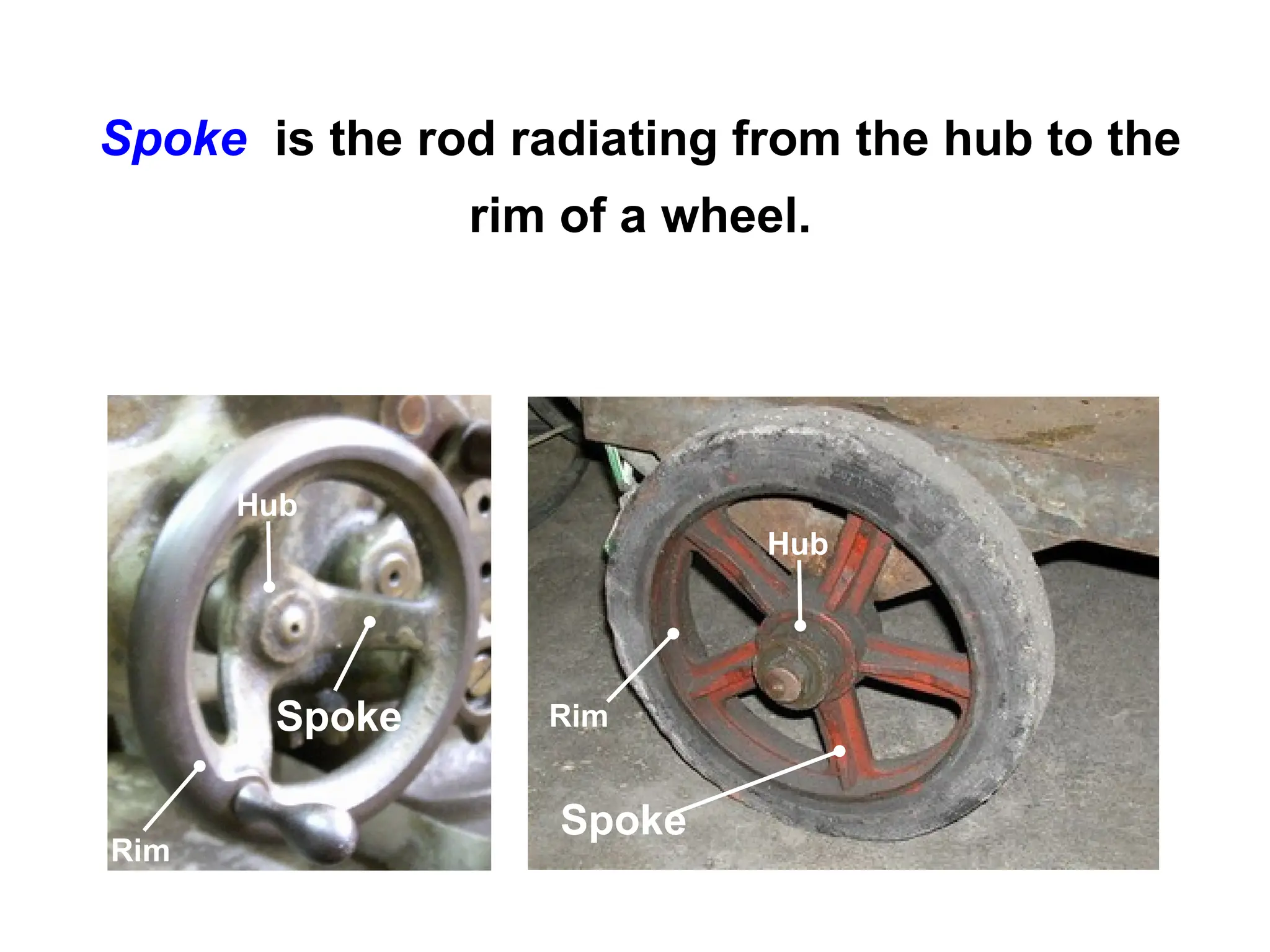 Rim
Spoke is the rod radiating from the hub to the
rim of a wheel.
Spoke
Spoke
Rim
Hub
Hub
 