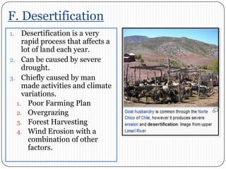 F. DesertificationDesertification is a very rapid process that affects a lot of land each year. Can be caused by severe drought. Chiefly caused by man made activities and climate variations.  Poor Farming PlanOvergrazingForest HarvestingWind Erosion with a combination of other factors. 