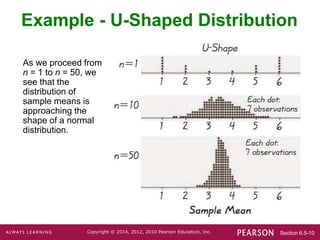 Section 6.5-10
Copyright © 2014, 2012, 2010 Pearson Education, Inc.
Example - U-Shaped Distribution
As we proceed from
n = 1 to n = 50, we
see that the
distribution of
sample means is
approaching the
shape of a normal
distribution.
 