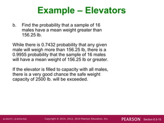 Section 6.5-15
Copyright © 2014, 2012, 2010 Pearson Education, Inc.
b. Find the probability that a sample of 16
males have a mean weight greater than
156.25 lb.
While there is 0.7432 probability that any given
male will weigh more than 156.25 lb, there is a
0.9955 probability that the sample of 16 males
will have a mean weight of 156.25 lb or greater.
If the elevator is filled to capacity with all males,
there is a very good chance the safe weight
capacity of 2500 lb. will be exceeded.
Example – Elevators
 