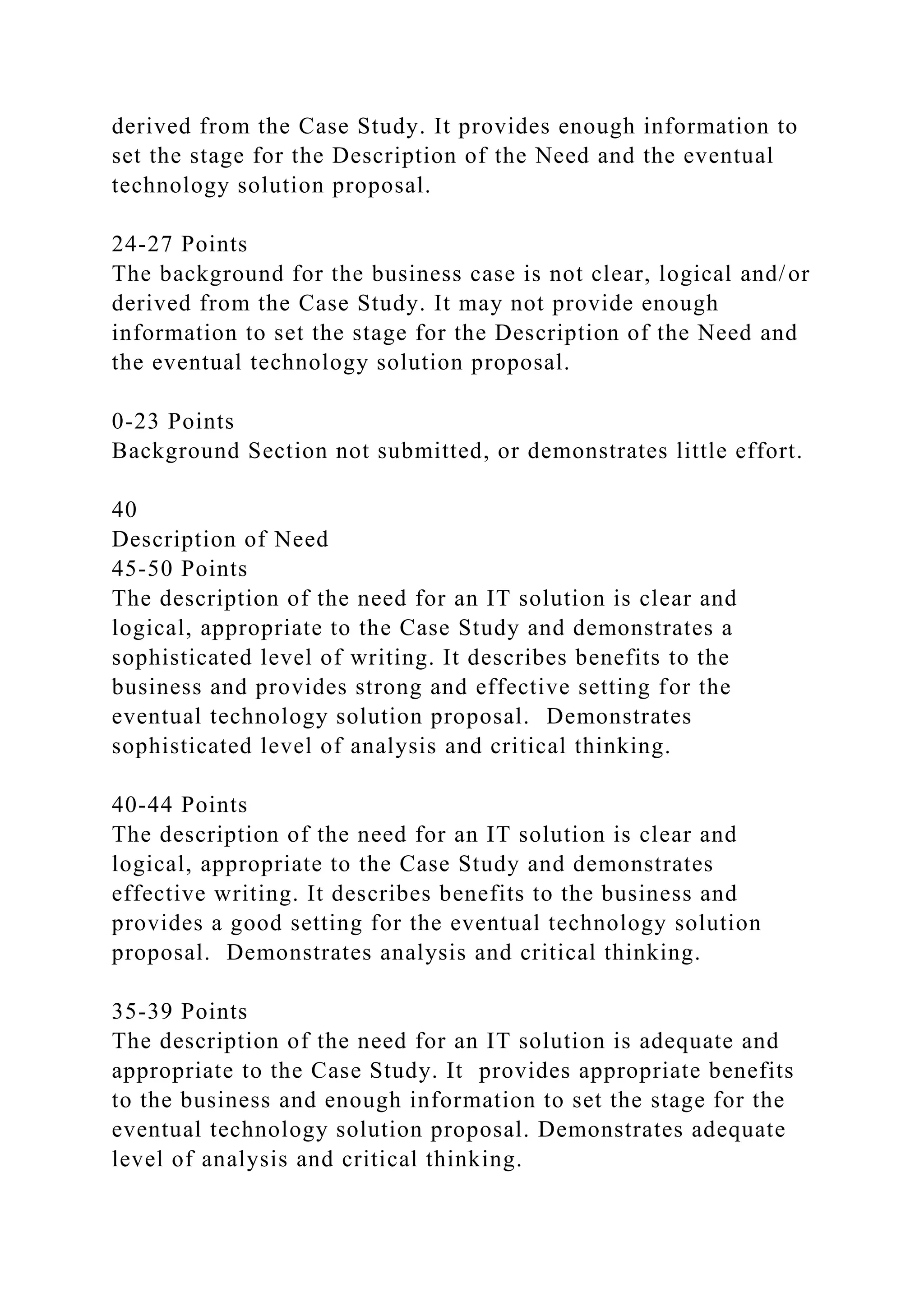 derived from the Case Study. It provides enough information to
set the stage for the Description of the Need and the eventual
technology solution proposal.
24-27 Points
The background for the business case is not clear, logical and/or
derived from the Case Study. It may not provide enough
information to set the stage for the Description of the Need and
the eventual technology solution proposal.
0-23 Points
Background Section not submitted, or demonstrates little effort.
40
Description of Need
45-50 Points
The description of the need for an IT solution is clear and
logical, appropriate to the Case Study and demonstrates a
sophisticated level of writing. It describes benefits to the
business and provides strong and effective setting for the
eventual technology solution proposal. Demonstrates
sophisticated level of analysis and critical thinking.
40-44 Points
The description of the need for an IT solution is clear and
logical, appropriate to the Case Study and demonstrates
effective writing. It describes benefits to the business and
provides a good setting for the eventual technology solution
proposal. Demonstrates analysis and critical thinking.
35-39 Points
The description of the need for an IT solution is adequate and
appropriate to the Case Study. It provides appropriate benefits
to the business and enough information to set the stage for the
eventual technology solution proposal. Demonstrates adequate
level of analysis and critical thinking.
 