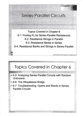 Topics        in
                       Covered Chapter  6
          6-1 Finding
             :      Rrfor Series-Parallel
                                      Resistances
               6-2:Resistance
                            Strings Parallel
                                  in
                6-3:Resistance
                             Banks Series
                                  in
        6-4:Resistance
                     Banks Strings Series-Parallel
                           and      in

                                                                  @2ffi7 The McGrc*Hilt       Cwanies       Inc. All iskts rcm        eil.




                                                               r.i.:T;11{,9'.':;f;.ri;-.:l'::,t:1+ylid;:l''fftli.
                                             ,:a::TF.r:.!qt:'ii-.!                                                     i:,:r'.i'tl




        Tcpfc-s
              Covered In Chapf,er
                                               a:




i
 ::r;
                                6

ri:l:
li'

ii
i:ll

,i
t{
i




            t                   t.
                    '       j
        '       '                        '
                        .            .                           A ZOOZ
                                                                      ire tut i*U
                                                                            i             i t t Cirnp d ni es, In c. Al I i gkts resn ed:
 
