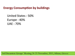 Energy	
  Consump2on	
  by	
  buildings	
  
	
  
United	
  States	
  :	
  50%	
  
Europe	
  :	
  40%	
  
UAE	
  :	
  70%	
  	
  	
  
 