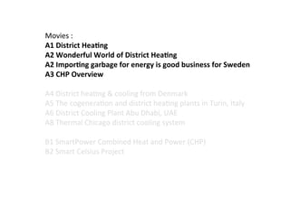 Movies	
  :	
  
A1	
  District	
  Hea2ng	
  	
  
A2	
  Wonderful	
  World	
  of	
  District	
  Hea2ng	
  
A2	
  Impor2ng	
  garbage	
  for	
  energy	
  is	
  good	
  business	
  for	
  Sweden	
  
A3	
  CHP	
  Overview	
  
	
  
A4	
  District	
  hea(ng	
  &	
  cooling	
  from	
  Denmark	
  
A5	
  The	
  cogenera(on	
  and	
  district	
  hea(ng	
  plants	
  in	
  Turin,	
  Italy	
  
A6	
  District	
  Cooling	
  Plant	
  Abu	
  Dhabi,	
  UAE	
  
A8	
  Thermal	
  Chicago	
  district	
  cooling	
  system	
  
	
  
B1	
  SmartPower	
  Combined	
  Heat	
  and	
  Power	
  (CHP)	
  
B2	
  Smart	
  Celsius	
  Project	
  
	
  
 