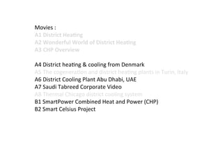 Movies	
  :	
  
A1	
  District	
  Hea2ng	
  	
  
A2	
  Wonderful	
  World	
  of	
  District	
  Hea2ng	
  
A3	
  CHP	
  Overview	
  
	
  
A4	
  District	
  hea(ng	
  &	
  cooling	
  from	
  Denmark	
  
A5	
  The	
  cogenera(on	
  and	
  district	
  hea(ng	
  plants	
  in	
  Turin,	
  Italy	
  
A6	
  District	
  Cooling	
  Plant	
  Abu	
  Dhabi,	
  UAE	
  
A7	
  Saudi	
  Tabreed	
  Corporate	
  Video	
  
A8	
  Thermal	
  Chicago	
  district	
  cooling	
  system	
  
B1	
  SmartPower	
  Combined	
  Heat	
  and	
  Power	
  (CHP)	
  
B2	
  Smart	
  Celsius	
  Project	
  
	
  
 