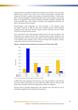 161 
Small businesses are highly heterogeneous cutting across industries and the formal-informal 
sector divide. They vary in size, turnover and purpose, amongst other 
things and are likely to operate from business or industrial premises. In most cases, 
they are owner-managed or controlled directly by the owner company, and are also 
likely to be registered with taxation authorities. Medium enterprises, although still 
owner-controlled, have more complex ownership and management structures and 
there is increased division of labour. 
Unsurprisingly, small businesses are most prevalent in the informal sector 
(see Figure 4 below). In 2005, 76,3 per cent of informal sector workers reported 
working in firms with fewer than five regular workers, while this was true of only 
11,0 per cent of formal sector workers. 
Very small (30,1%) and small enterprises (20,5%) tend to be more prevalent in the 
formal sector. In contrast, 16,8 per cent of informal sector workers worked in very 
small enterprises and only 3,2 per cent worked in small enterprises. More than nine 
in ten informal sector workers work in firms with fewer than 20 regular workers, 
compared to only four in ten in the formal sector. 
Figure 4: Employment by enterprise size and sector, Western Cape, 2005 
Micro Very small Small Medium and large 
Chapter 6: Small, Medium and Micro Enterprises and the Informal Sector 
80,0 
70,0 
60,0 
50,0 
40,0 
30,0 
20,0 
10,0 
0,0 
Share of firms 
Formal (%) 11,0 30,1 20,5 38,4 
Informal (%) 76,3 16,8 3,2 3,8 
Source: Own calculations, September 2005 LFS, Statistics SA 2006 
In 2005, half of the employed in the Province were coloured (50,2%), while 25,5 per 
cent were african and 23,4 per cent were white (see Table 3 below). However, this 
pattern does not hold across firms categorised by number of employees. 
Africans tend to dominate employment in the smallest firms, with 42,5 per cent of 
individuals engaged in micro-enterprises being african. 
 