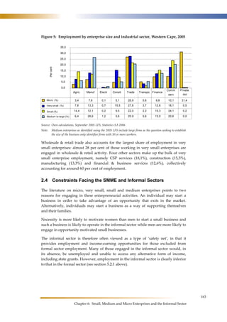 163 
Figure 5: Employment by enterprise size and industrial sector, Western Cape, 2005 
Agric Manuf Electr Constr Trade Transpo Finance 
Comm 
serv 
Private 
HH 
Chapter 6: Small, Medium and Micro Enterprises and the Informal Sector 
35,0 
30,0 
25,0 
20,0 
15,0 
10,0 
5,0 
0,0 
Per cent 
Micro (%) 3,4 7,6 0,1 5,1 26,9 5,6 9,8 10,1 31,4 
Very small (%) 7,8 13,3 0,7 15,5 27,8 3,7 12,6 18,1 0,5 
Small (%) 14,4 12,1 0,2 9,5 22,0 2,2 15,3 24,1 0,2 
Medium to large (%) 6,4 26,6 1,2 5,6 20,9 5,6 13,0 20,6 0,0 
Source: Own calculations, September 2005 LFS, Statistics SA 2006 
Note: Medium enterprises as identified using the 2005 LFS include large firms as the question seeking to establish 
the size of the business only identifies firms with 50 or more workers. 
Wholesale & retail trade also accounts for the largest share of employment in very 
small enterprises: almost 28 per cent of those working in very small enterprises are 
engaged in wholesale & retail activity. Four other sectors make up the bulk of very 
small enterprise employment, namely CSP services (18,1%), construction (15,5%), 
manufacturing (13,3%) and financial & business services (12,6%), collectively 
accounting for around 60 per cent of employment. 
2.4 Constraints Facing the SMME and Informal Sectors 
The literature on micro, very small, small and medium enterprises points to two 
reasons for engaging in these entrepreneurial activities. An individual may start a 
business in order to take advantage of an opportunity that exits in the market. 
Alternatively, individuals may start a business as a way of supporting themselves 
and their families. 
Necessity is more likely to motivate women than men to start a small business and 
such a business is likely to operate in the informal sector while men are more likely to 
engage in opportunity motivated small businesses. 
The informal sector is therefore often viewed as a type of ‘safety net’, in that it 
provides employment and income-earning opportunities for those excluded from 
formal sector employment. Many of those engaged in the informal sector would, in 
its absence, be unemployed and unable to access any alternative form of income, 
including state grants. However, employment in the informal sector is clearly inferior 
to that in the formal sector (see section 5.2.1 above). 
 